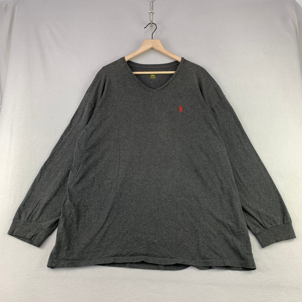 Polo Ralph Lauren T-Shirt Mens 3XB Grey V-Neck Long Sleeve Tee Classic Red Pony